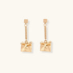 Modern geometric drop earrings with square stud posts, delicate chains, and textured square pendants in eco-zinc alloy