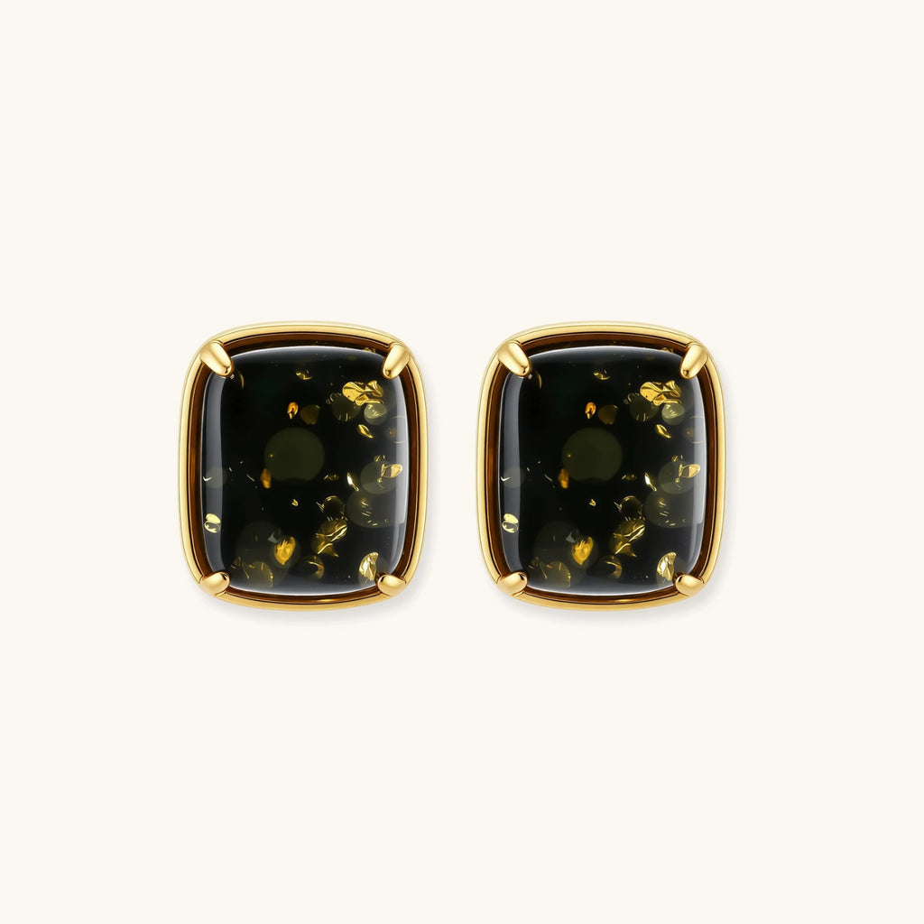 Elegant cushion-cut green amber earrings with golden inclusions in 18K gold-plated sterling silver settings.