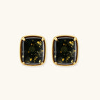 Elegant cushion-cut green amber earrings with golden inclusions in 18K gold-plated sterling silver settings.