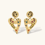Gold hammered heart drop earrings with rainbow cubic zirconia stones and textured coin stud, 18K gold plated stainless steel.