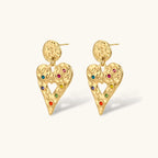Gold hammered heart drop earrings with rainbow cubic zirconia stones and textured coin stud, 18K gold plated stainless steel.